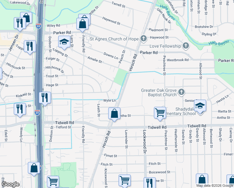 map of restaurants, bars, coffee shops, grocery stores, and more near 4506 Wyte Lane in Houston