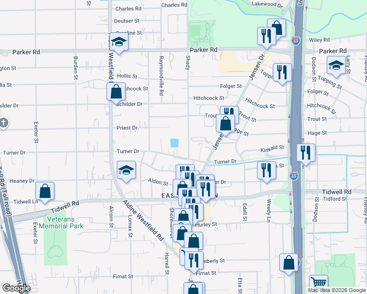 map of restaurants, bars, coffee shops, grocery stores, and more near 9718 Shady in Houston