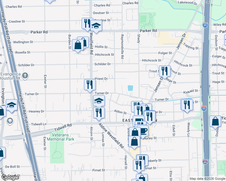 map of restaurants, bars, coffee shops, grocery stores, and more near 2420 Turner Drive in Houston