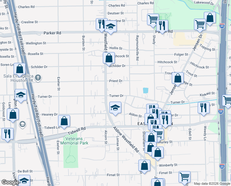 map of restaurants, bars, coffee shops, grocery stores, and more near 9600 Aldine Westfield Road in Houston