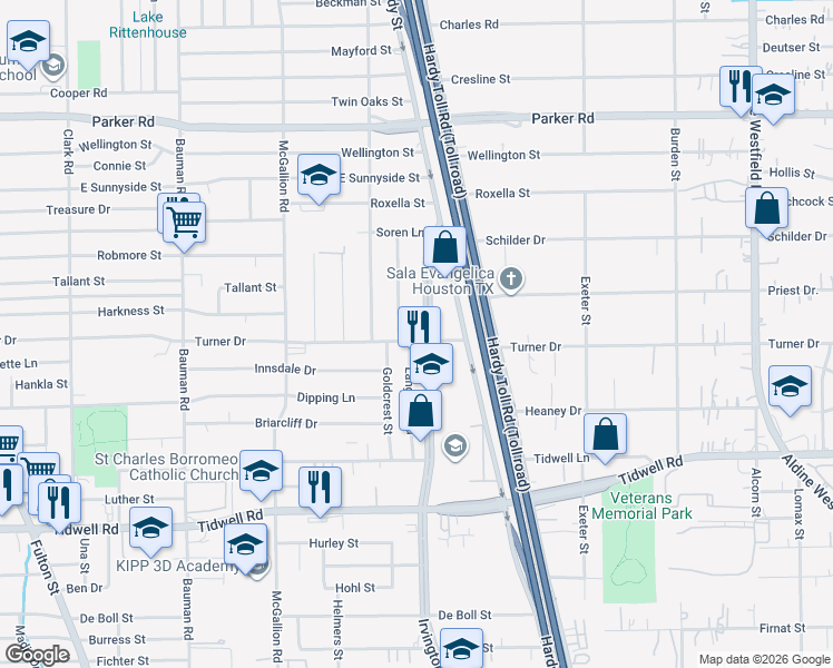 map of restaurants, bars, coffee shops, grocery stores, and more near 9935 Irvington Boulevard in Houston