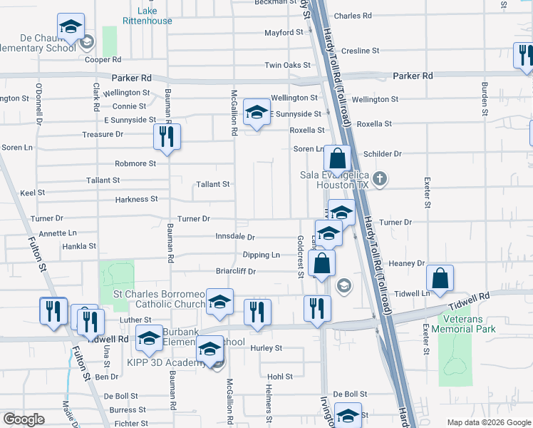 map of restaurants, bars, coffee shops, grocery stores, and more near 802 Turner Drive in Houston