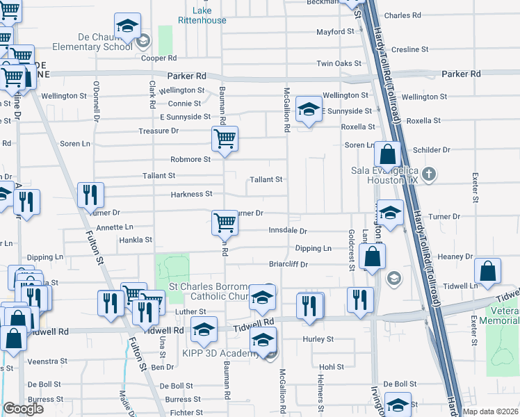 map of restaurants, bars, coffee shops, grocery stores, and more near 328 Turner Drive in Houston