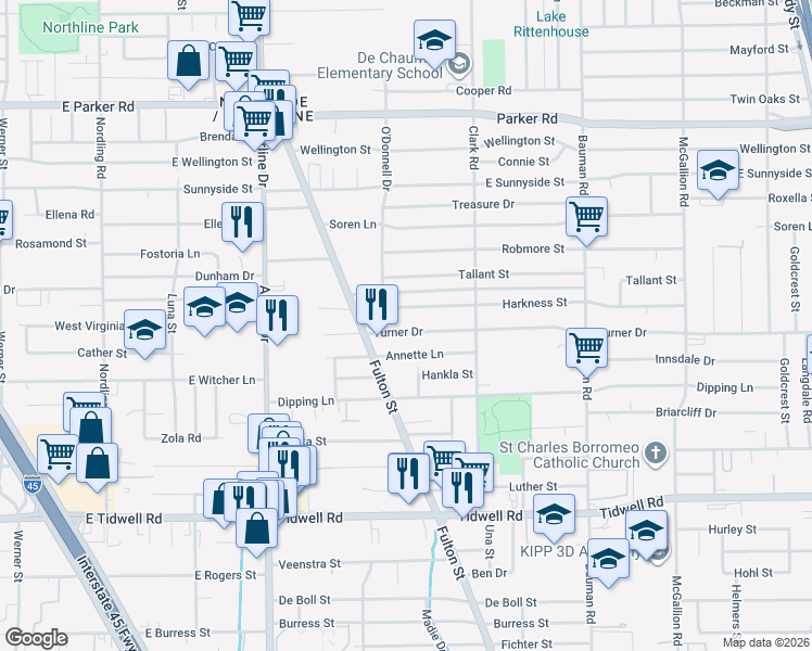 map of restaurants, bars, coffee shops, grocery stores, and more near 126 Turner Drive in Houston
