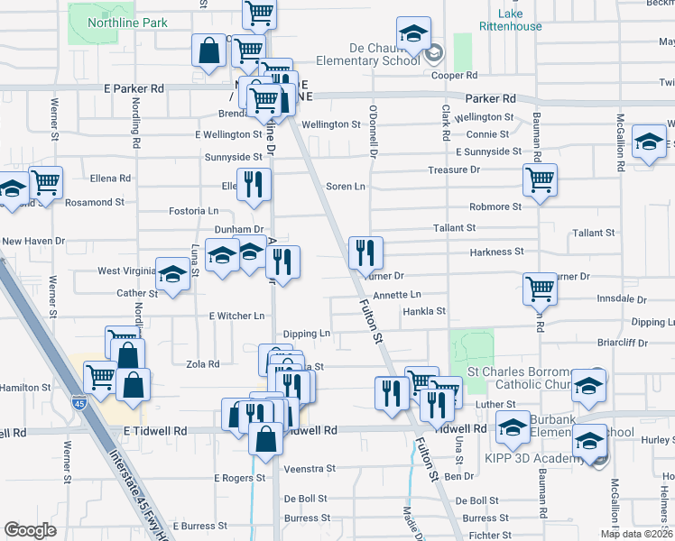 map of restaurants, bars, coffee shops, grocery stores, and more near 58 Turner Drive in Houston
