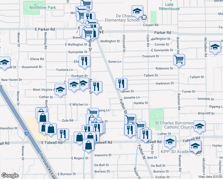 map of restaurants, bars, coffee shops, grocery stores, and more near 58 Turner Drive in Houston