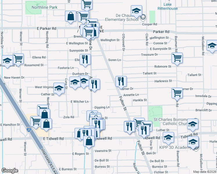 map of restaurants, bars, coffee shops, grocery stores, and more near 58 Turner Drive in Houston