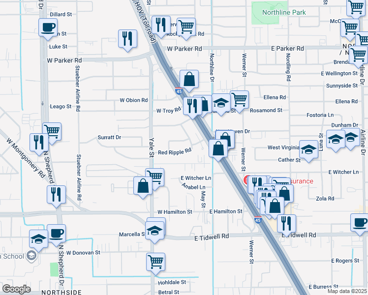 map of restaurants, bars, coffee shops, grocery stores, and more near 117 Red Ripple Road in Houston