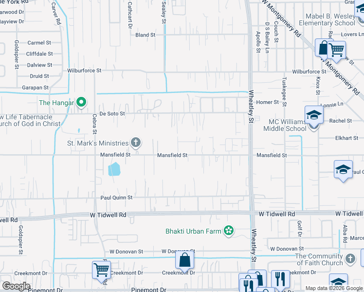 map of restaurants, bars, coffee shops, grocery stores, and more near 1504 Mansfield Street in Houston