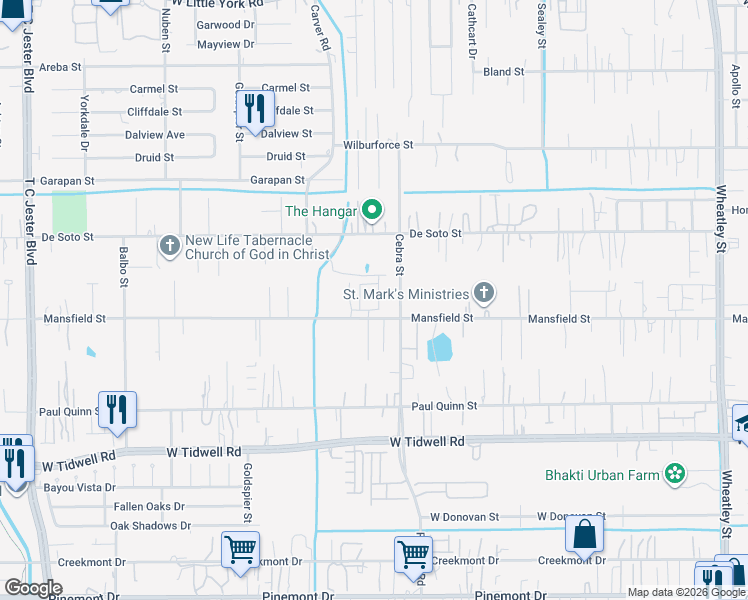 map of restaurants, bars, coffee shops, grocery stores, and more near 2214 Mansfield Street in Houston