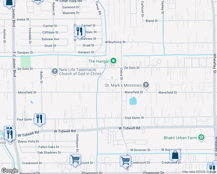 map of restaurants, bars, coffee shops, grocery stores, and more near 2313 Mansfield Street in Houston