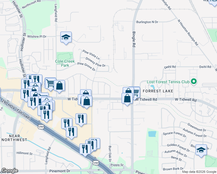 map of restaurants, bars, coffee shops, grocery stores, and more near 5818 Anaqua Drive in Houston