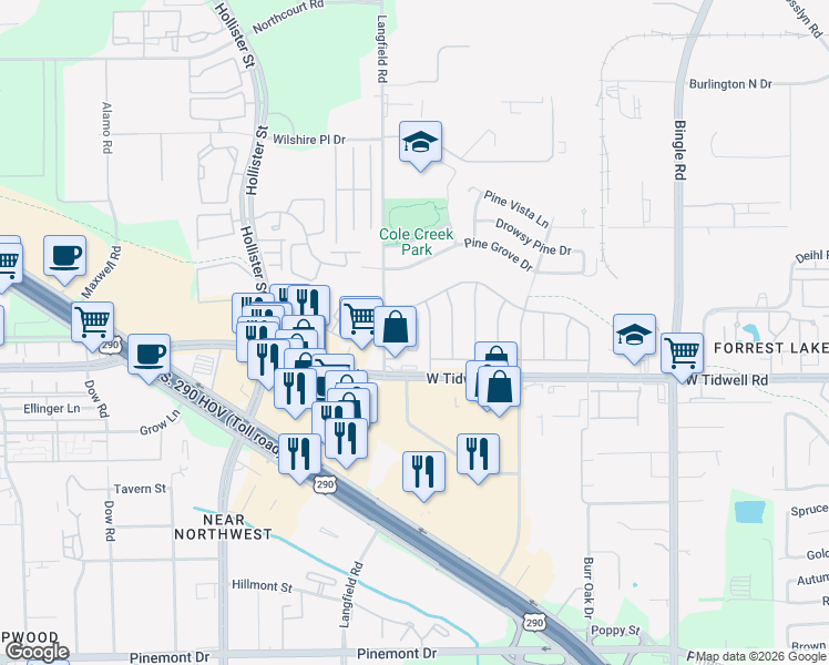 map of restaurants, bars, coffee shops, grocery stores, and more near 5828 Sampley Way in Houston