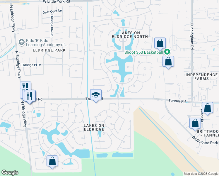 map of restaurants, bars, coffee shops, grocery stores, and more near 5740 Santa Fe Springs Drive in Houston