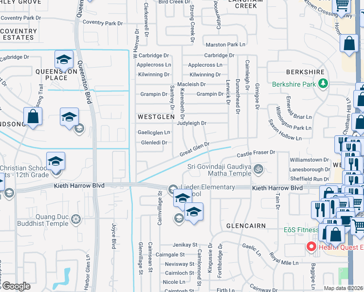 map of restaurants, bars, coffee shops, grocery stores, and more near 5100 Santrey Drive in Houston