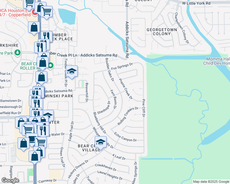 map of restaurants, bars, coffee shops, grocery stores, and more near 15706 Boulder Oaks Drive in Houston