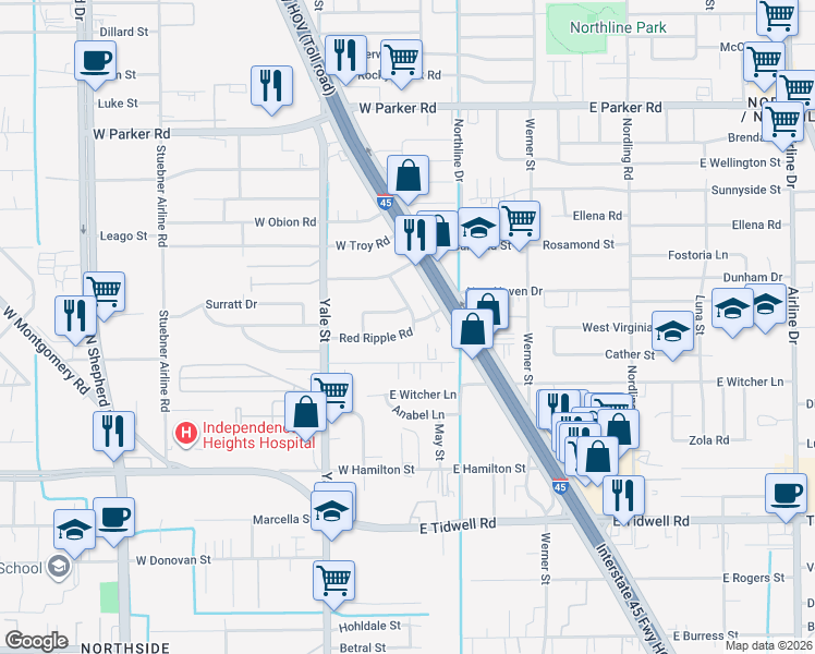 map of restaurants, bars, coffee shops, grocery stores, and more near 117 Red Ripple Road in Houston