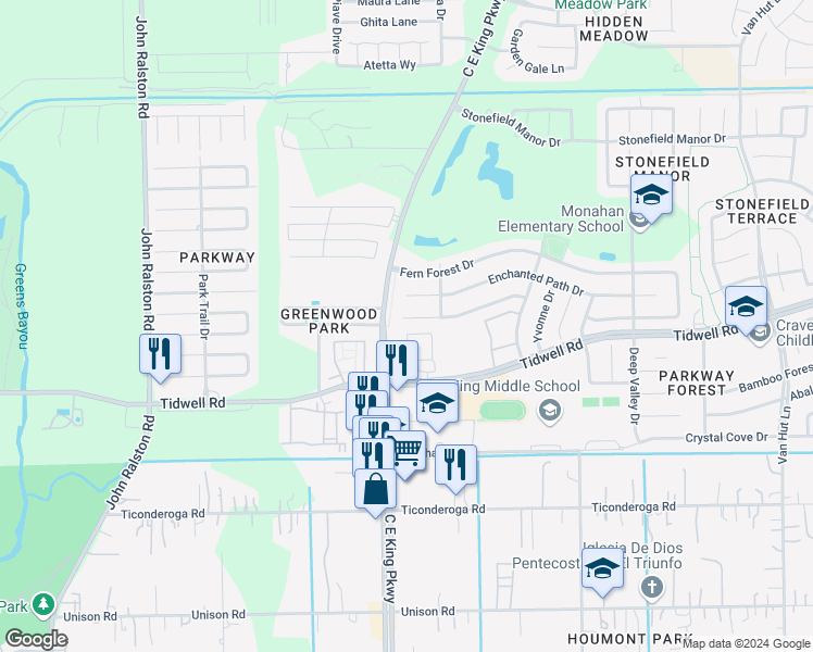 map of restaurants, bars, coffee shops, grocery stores, and more near 12406 Drifting Winds Drive in Houston