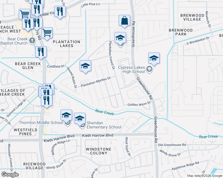 map of restaurants, bars, coffee shops, grocery stores, and more near 5511 Latta Plantation Drive in Katy