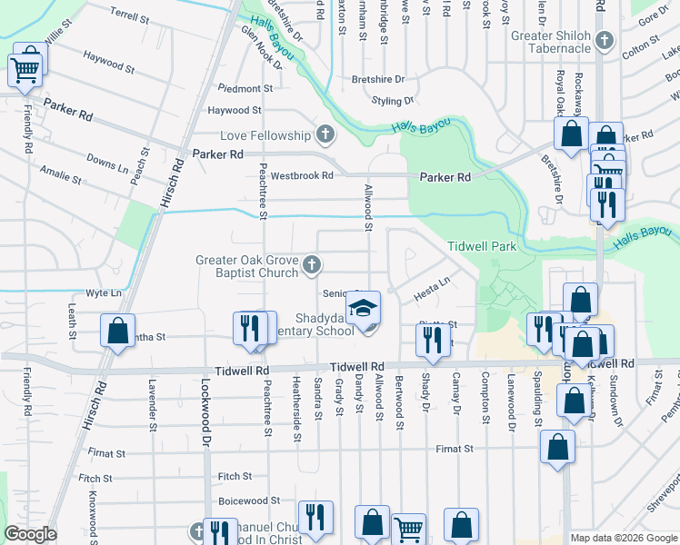 map of restaurants, bars, coffee shops, grocery stores, and more near 5715 Senior Street in Houston