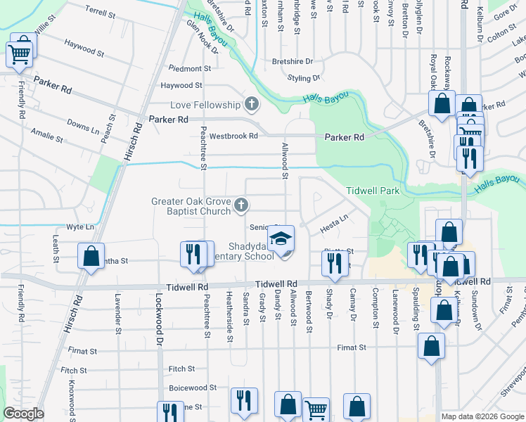 map of restaurants, bars, coffee shops, grocery stores, and more near 5715 Senior Street in Houston