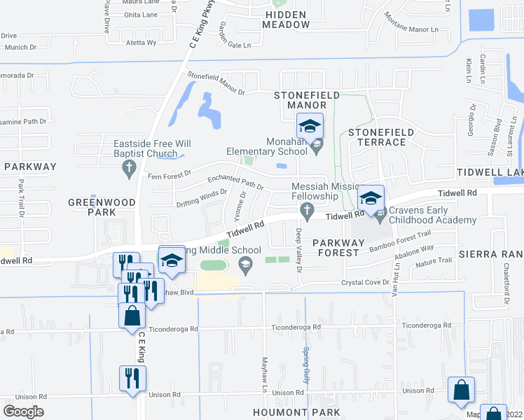 map of restaurants, bars, coffee shops, grocery stores, and more near 8711 Sherrywood Drive in Houston