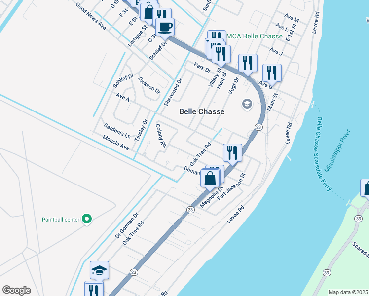 map of restaurants, bars, coffee shops, grocery stores, and more near 107 Grand Oaks Court in Belle Chasse