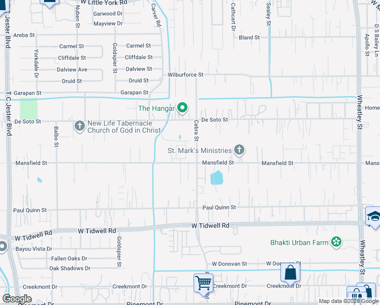 map of restaurants, bars, coffee shops, grocery stores, and more near 2214 Mansfield Street in Houston