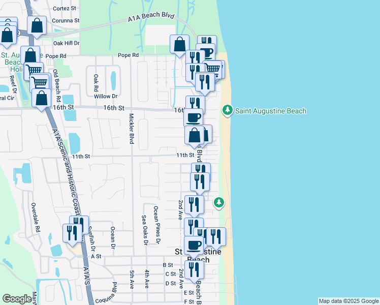 map of restaurants, bars, coffee shops, grocery stores, and more near 110 10th Street in St. Augustine