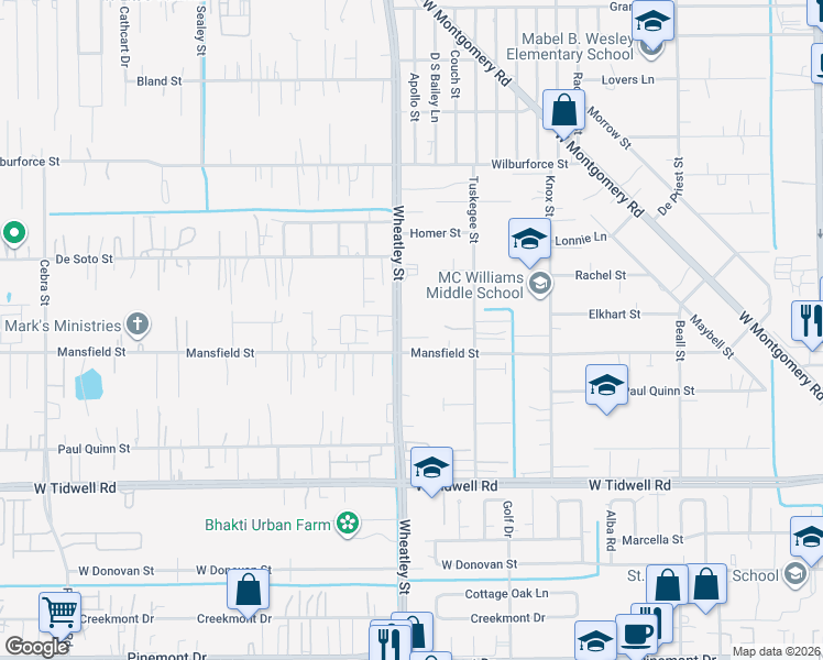 map of restaurants, bars, coffee shops, grocery stores, and more near 5830 Wheatley Street in Houston