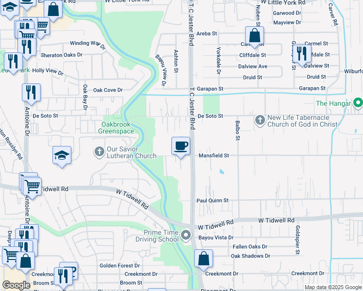 map of restaurants, bars, coffee shops, grocery stores, and more near 3526 Mansfield Street in Houston