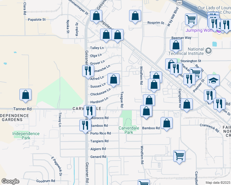 map of restaurants, bars, coffee shops, grocery stores, and more near 10019 Hardison Lane in Houston
