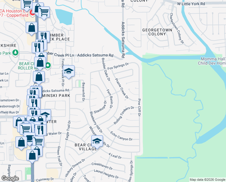 map of restaurants, bars, coffee shops, grocery stores, and more near 15706 Boulder Oaks Drive in Houston