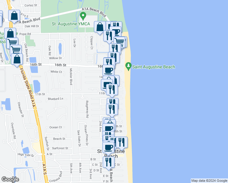 map of restaurants, bars, coffee shops, grocery stores, and more near 480 A1A Beach Boulevard in St. Augustine