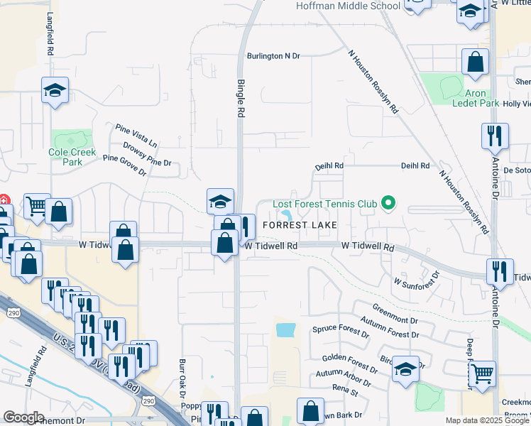 map of restaurants, bars, coffee shops, grocery stores, and more near 6500 West Tidwell Road in Houston
