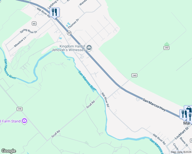 map of restaurants, bars, coffee shops, grocery stores, and more near 600 Northwest River Road in Martindale