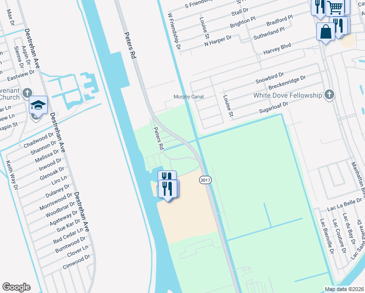 map of restaurants, bars, coffee shops, grocery stores, and more near 3826 Peters Road in Harvey