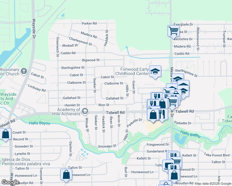 map of restaurants, bars, coffee shops, grocery stores, and more near 9631 Arvin Street in Houston