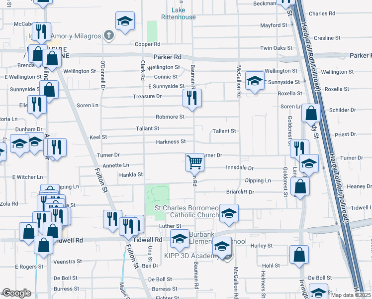 map of restaurants, bars, coffee shops, grocery stores, and more near 291 Harkness Street in Houston