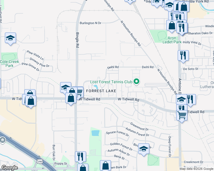 map of restaurants, bars, coffee shops, grocery stores, and more near 6455 Deihl Road in Houston