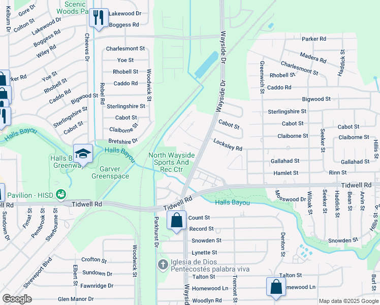 map of restaurants, bars, coffee shops, grocery stores, and more near 7867 Gallahad Street in Houston