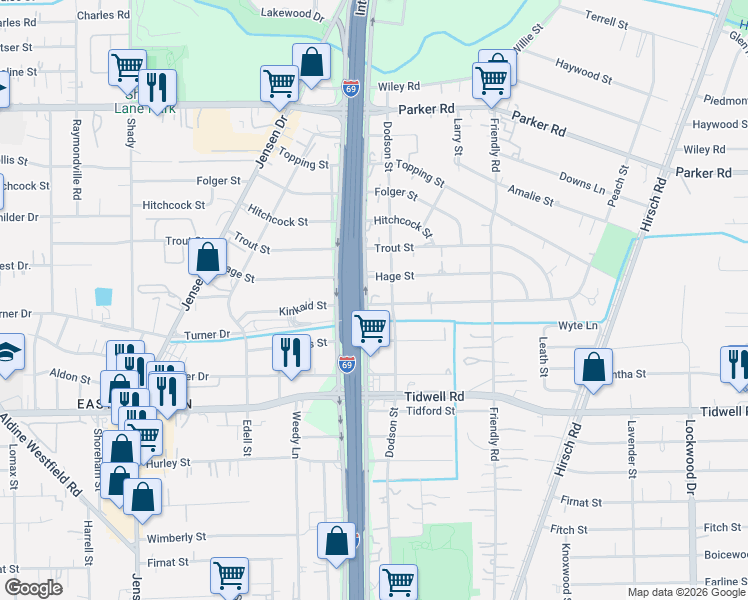 map of restaurants, bars, coffee shops, grocery stores, and more near 3618 Hage Street in Houston