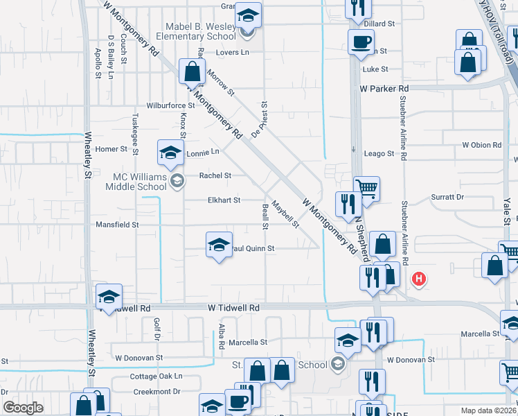 map of restaurants, bars, coffee shops, grocery stores, and more near 6000 Beall Street in Houston