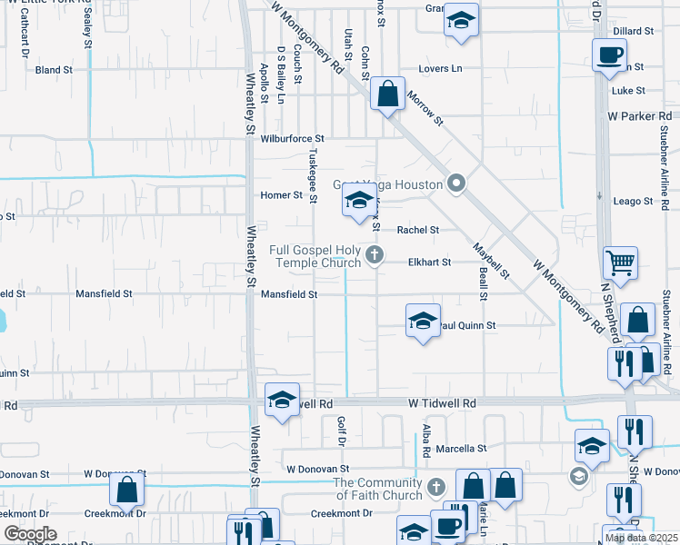 map of restaurants, bars, coffee shops, grocery stores, and more near 962 Elkhart Street in Houston