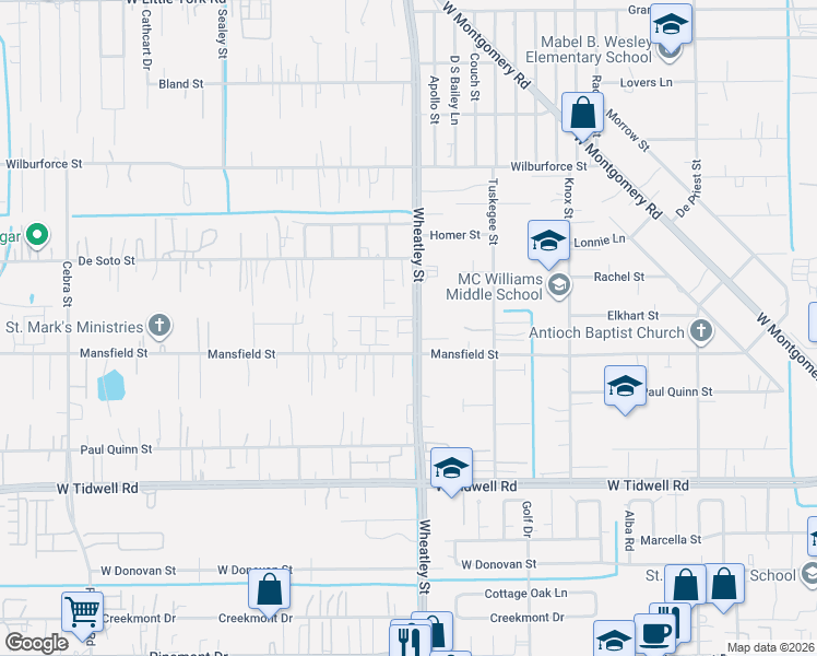 map of restaurants, bars, coffee shops, grocery stores, and more near 6005 Wheatley Street in Houston