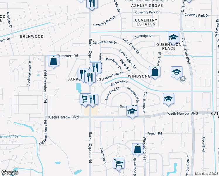 map of restaurants, bars, coffee shops, grocery stores, and more near 18142 Brooknoll Drive in Houston