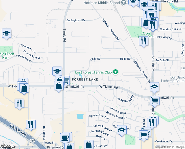 map of restaurants, bars, coffee shops, grocery stores, and more near 5800 Lumberdale Road in Houston