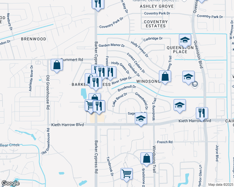 map of restaurants, bars, coffee shops, grocery stores, and more near 18142 Brooknoll Drive in Houston