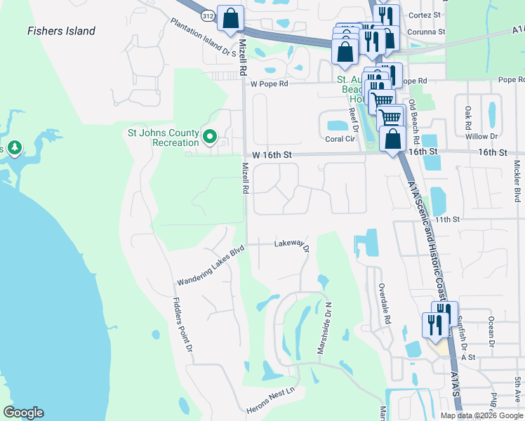 map of restaurants, bars, coffee shops, grocery stores, and more near 1121 Compass Row in St. Augustine