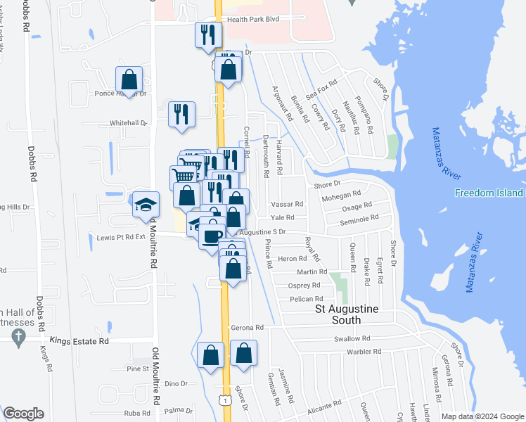 map of restaurants, bars, coffee shops, grocery stores, and more near 304 Dartmouth Road in St. Augustine